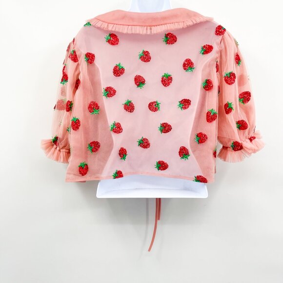 Lirika Matoshi Strawberry Print Tulle Tie Front Collared Cropped Blouse Top - Picture 7 of 11
